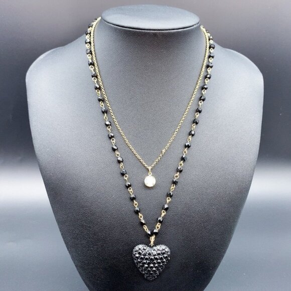 Betsy Johnson Two Strands Black and Gold Heart Pendant Custome Jewelry Necklace - Picture 1 of 6